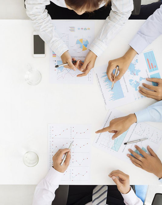 Advisors discussing financial reports around a table